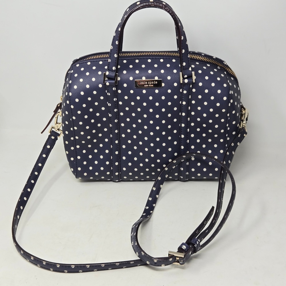 Kate Spade Navy Blue‎ White Polka Dot Saffiano Leather Satchel Crossbody Bag
